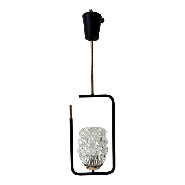 French Mid-Century Modern Black Metal, Brass & Pressed Glass Pendant Light, France, 1950s For Sale