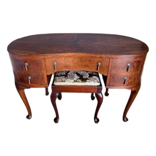 Antique Early 1900's Kidney Shaped Vanity With Bench - Set of 2 For Sale