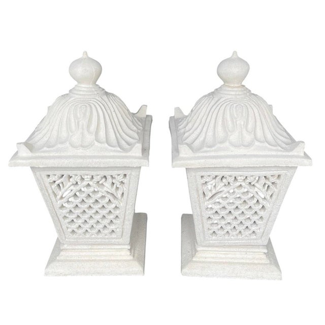 Mediterranean A Pair of Vintage Palm Beach Style Cast Stone Garden Lanterns For Sale - Image 3 of 12