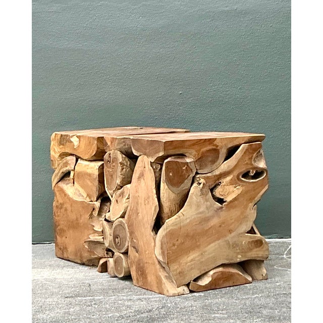 Vintage Boho Puzzle Wood Low Stools - A Pair For Sale - Image 10 of 11