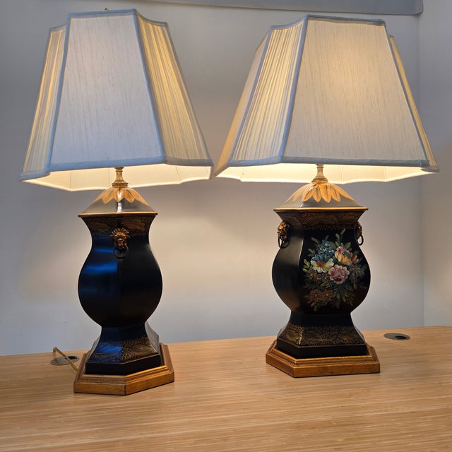 Late 20th Century Late 20th Century Chelsea House Neoclassical Black Lacquer Painted Trophy Urn Table Lamps 32" - A Pair For Sale - Image 5 of 12