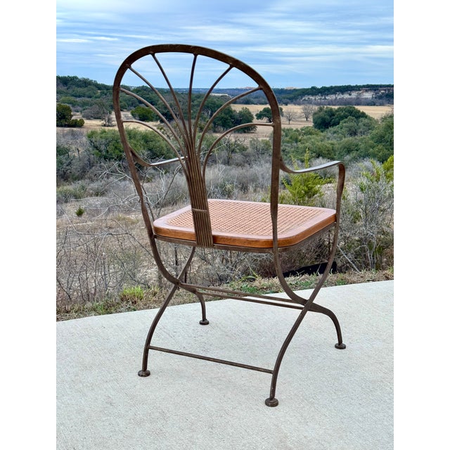 Vintage Drexel Heritage Bronze Wrought Iron, Wood, Woven Cane Set of Four Arm Chairs For Sale - Image 9 of 14