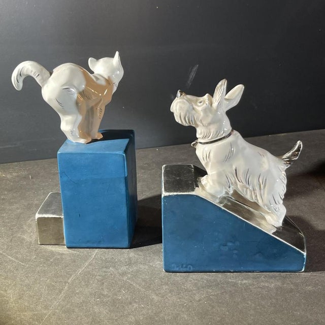 Art Deco Asymmetrical Bookends in White Blue Chrome & Ceramic, 1930s, Set of 2 For Sale - Image 11 of 18