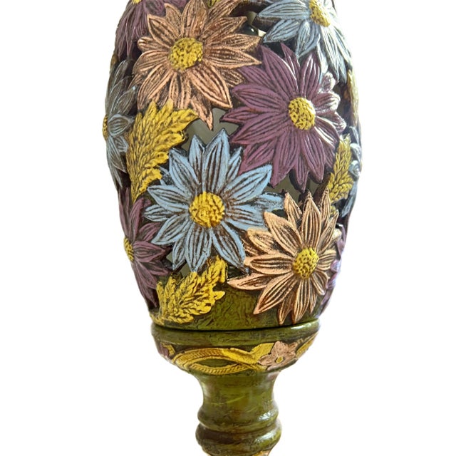 Mid-Century Pierced Ceramic Daisy Pendant Lights - a Pair For Sale - Image 4 of 9