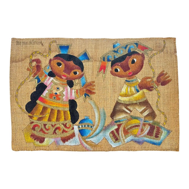 Vintage Jose Maria De Servin Girl & Boy Portrait Painting on Burlap 1960s For Sale
