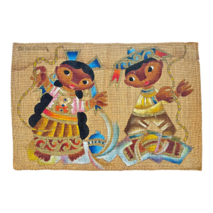 Vintage Jose Maria De Servin Girl & Boy Portrait Painting on Burlap 1960s