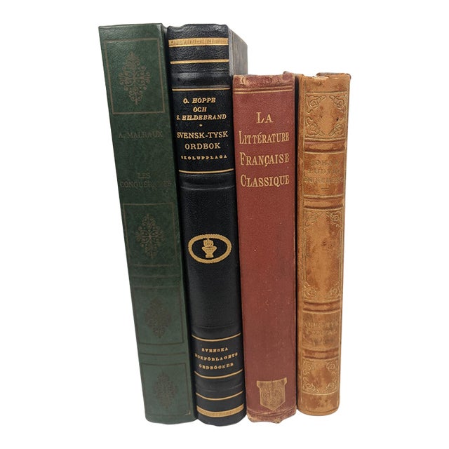 Vintage European Decorative Library Books in Green, Black, Burgundy & Tan, Set of 4 For Sale