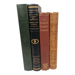 Vintage European Decorative Library Books in Green, Black, Burgundy & Tan, Set of 4