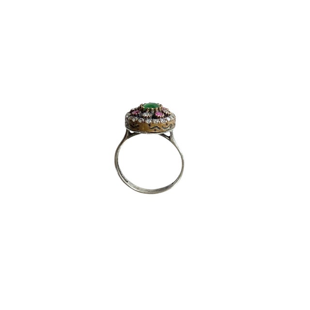 Metal Vintage Natural Ruby, Emerald & Diamond Ring Sterling Silver Size 7 For Sale - Image 7 of 10