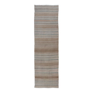 Vintage Turkish Kilim Runner Neutral Striped Beige Brown Wool Flatweave For Sale
