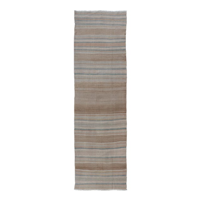Vintage Turkish Kilim Runner Neutral Striped Beige Brown Wool Flatweave For Sale