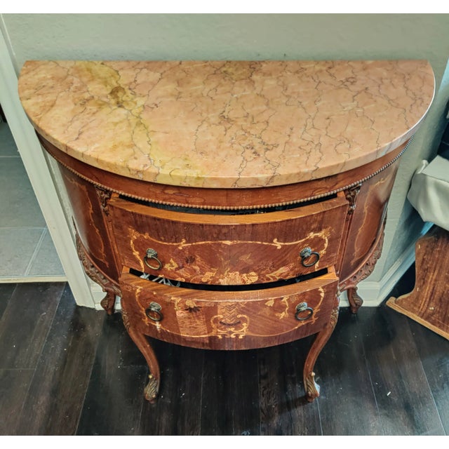 Antique French Louis XV Style Demi Lune Commode With Marble Top For Sale - Image 4 of 12