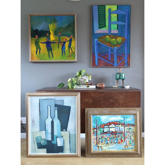 1965 Mid-Century Modern 'The Joyful Passage' Vintage Original Swedish Street Scene Oil Painting, Framed For Sale - Image 13 of 13