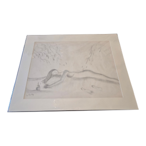 Mid Century Modern Girl at Beach Signed Drawing