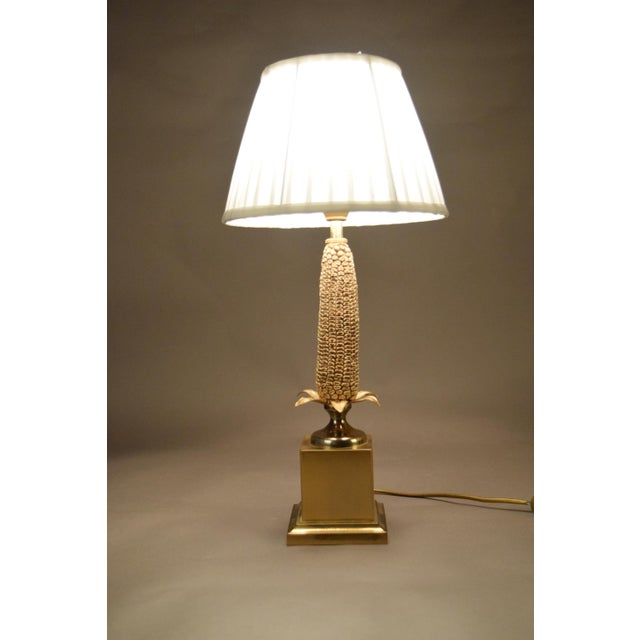 Brass Corn Table Lamp with White Pleated Shade, 1970s For Sale - Image 4 of 14