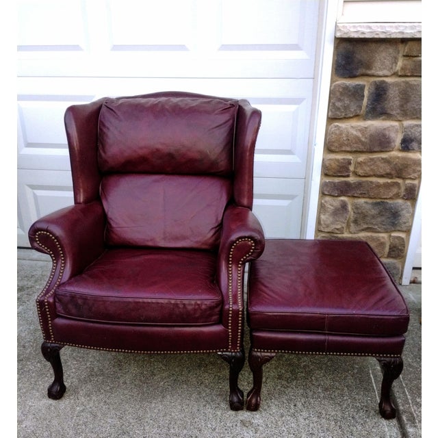 1990s Timeless Elegance Meets Executive Comfort: The Classic Leather Wingback Chair & Ottoman Set For Sale In Raleigh - Image 6 of 10