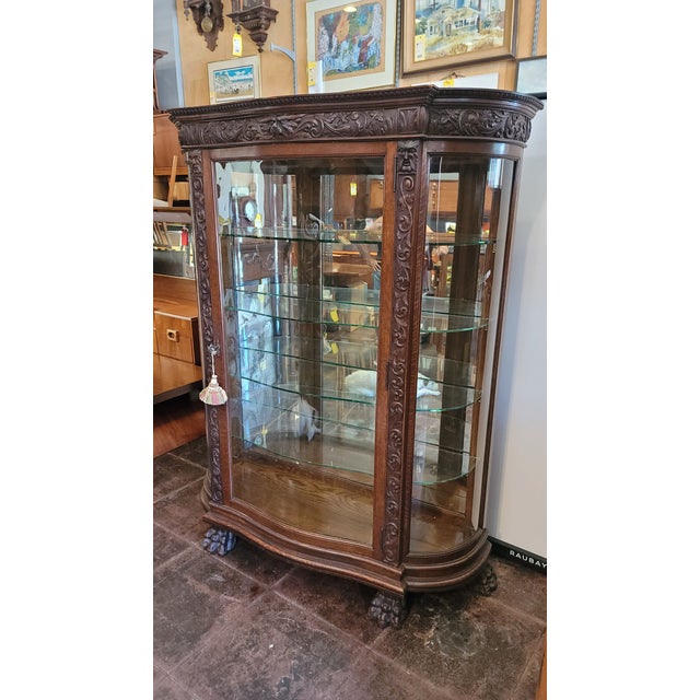 Antique Victorian Large China Cabinet George C. Flint Horner Company Carved Oak With Curved Glass and Mirror Back For Sale - Image 11 of 11