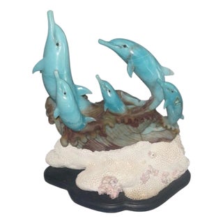Blue Quartzite Dolphin Sculpture on Onyx Base, Brazil, Late 20th Century. For Sale