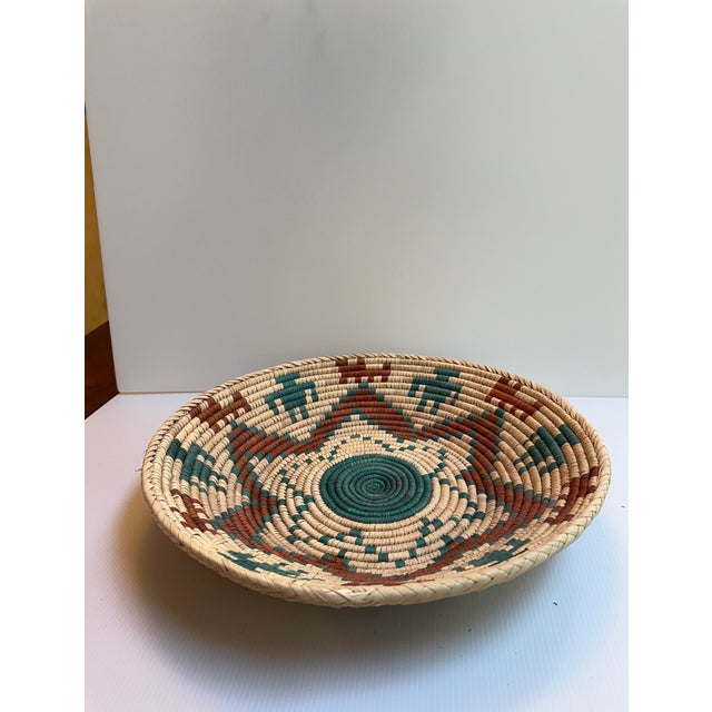 1980s Vintage 1980s Tribal Weaving Coiled Handmade Boho Basket 16" Diameter Southwestern Home Decor For Sale - Image 5 of 11