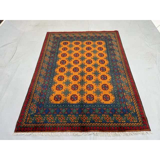 Golden Ochre Mori Gul Tribal Area Rug With Geometric Borders, 4'10" X 6'8" For Sale - Image 4 of 16