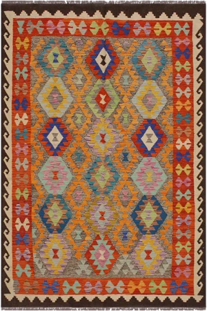 1990s Turkish Bohemian Kilim Hand-Woven Wool Rug -5'6 X 7'7