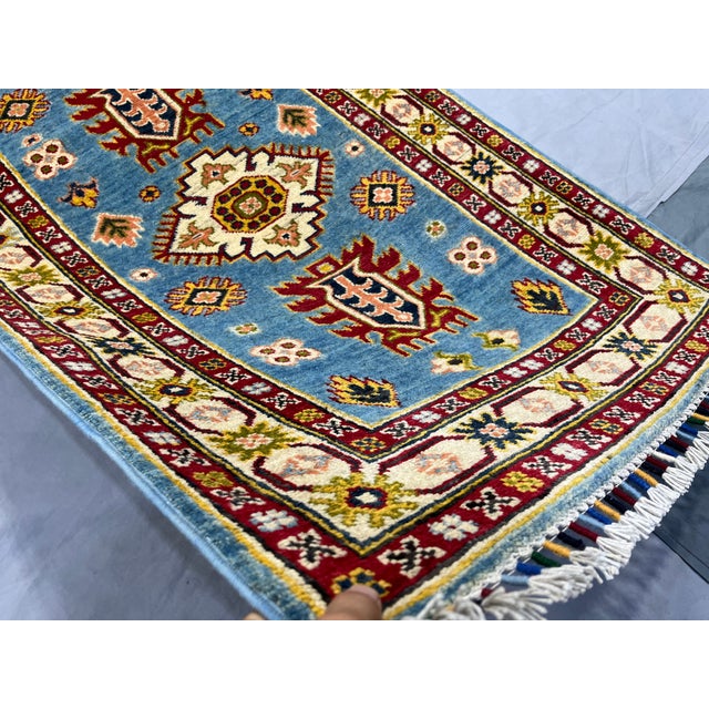 Blue and Burgundy Kazak Wool Runner Rug, Tribal Hallway Rug, 2'9" X 13'1" For Sale - Image 11 of 15