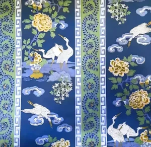 Vintage Chinoiserie Deep Blue Hand-Printed Schumacher Wallpaper, Heron Greek Key