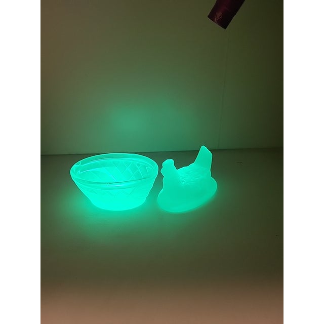 Glass Mini Uranium Glass Hen on Nest Glowy Green Salt Cellar For Sale - Image 7 of 8