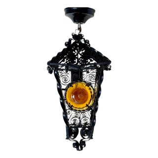 Venetian-Style Handcrafted Lantern Lamp with Amber Glass Panels, 1960s For Sale