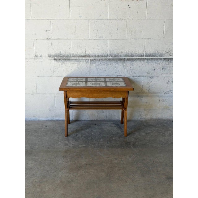 Oak Tiled Top Coffee Table With Lower Slatted Shelf Vintage Mid-Century Modern 1970s For Sale - Image 4 of 11