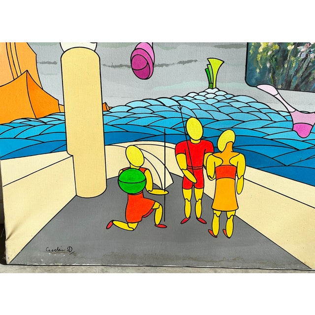 Blue Vintage Italian Futuristic Surrealist Painting "Il Giardino-Degli Eletti" by Diego Cecchin (1987) For Sale - Image 8 of 11