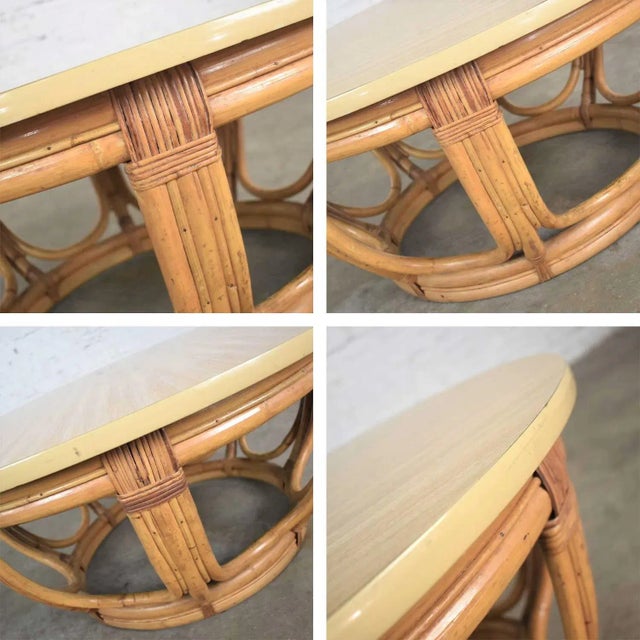 Vintage Coastal Style Coffee or End Table Round Rattan Drum Shape With Laminate Top For Sale - Image 10 of 11