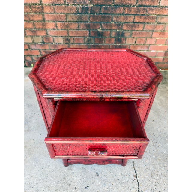 Vintage Bespoke Gabriella Crespi Style Cinnabar Red Faux Tortoiseshell Bamboo & Rattan Octagonal Side Table - Newly Painted For Sale - Image 9 of 11