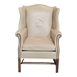 Late 20th Century North Hickory Mahogany New England Style Wing Chair Tan Faux Leather Fabric For Sale