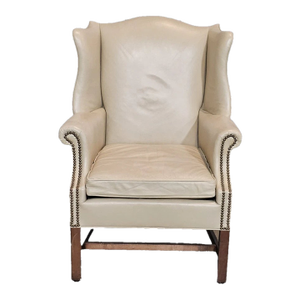 Late 20th Century North Hickory Mahogany New England Style Wing Chair Tan Faux Leather Fabric