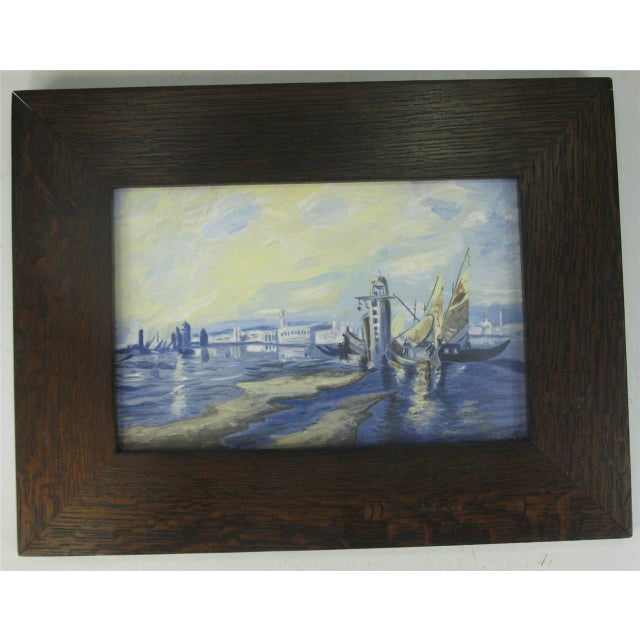 Arts & Crafts 1990s Harbor Scenic Hand-Painted Tile Plaque Oak Framed Arts Crafts Richard Freiwald For Sale - Image 3 of 12