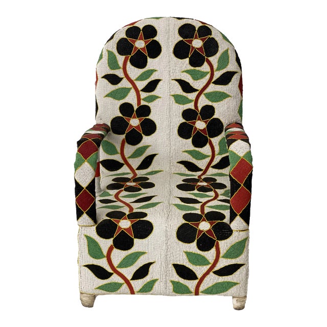 Handmade African Beaded Chair in Black Flowers For Sale