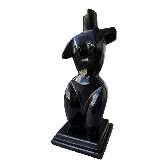 Abstract Female Figure Sculpture • Hand‑Carved Black Stone • Modernist Mid‑Century Art For Sale