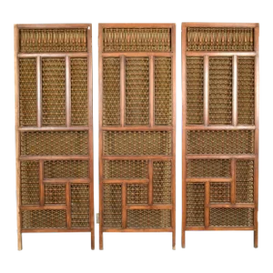 Antique Aesthetic Three Panel Oak Lattice Folding Screen Room Divider - Set of 3