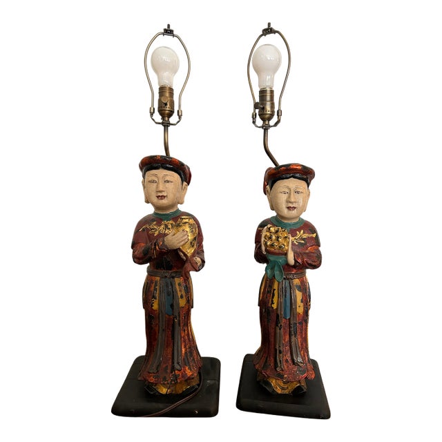 Antique Vietnamese Altar Maid Figurine Hand Carved Table Lamps - a Pair For Sale