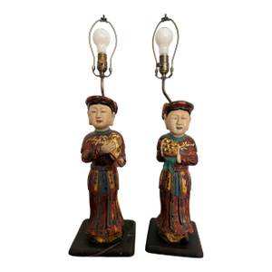 Antique Vietnamese Altar Maid Figurine Hand Carved Table Lamps - a Pair