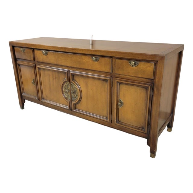 1960s Century Furniture Asian Modern Fruitwood Credenza With Brass Hardware For Sale