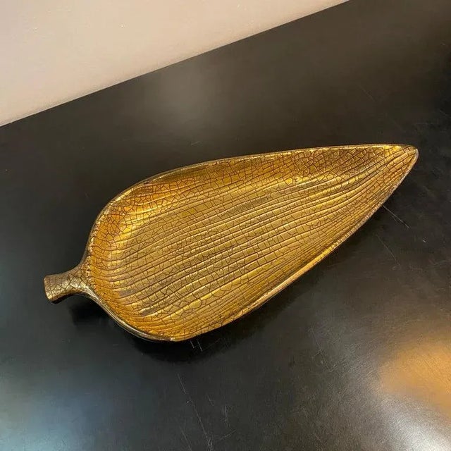 Mid-Century Modern Italian Gilt Art Pottery Leaf Tray For Sale In New York - Image 6 of 11