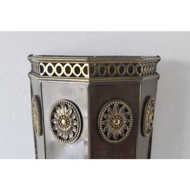 Mid-Century Modern Mid 20th Century Slim Brass Wall Umbrella Stand Cane Holder Decorative Medallions Paw Footed Details For Sale - Image 3 of 16