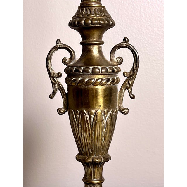 Metal Antique French Neoclassical Tall Columnar Gilt Iron Two Light Table Lamp For Sale - Image 7 of 17