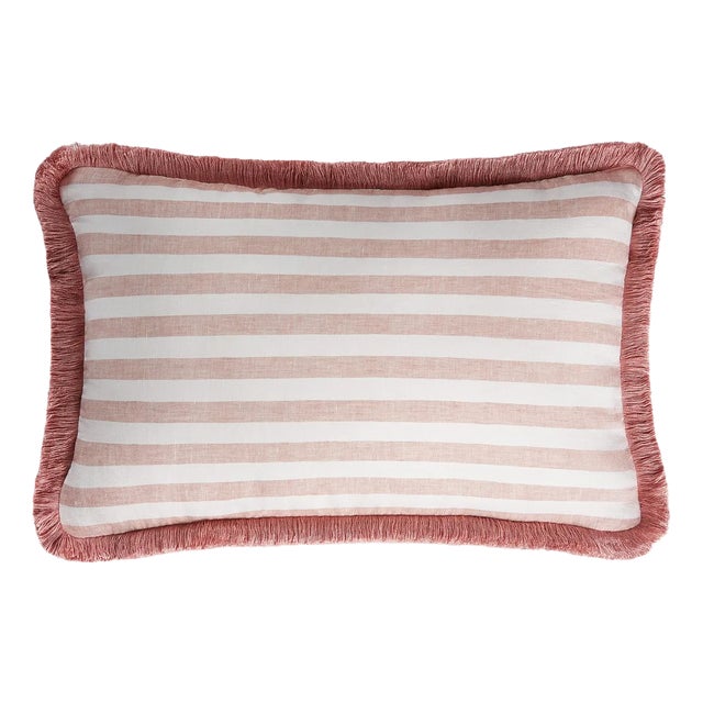 White Light Pink with Light Pink Fringes Happy Linen Striped Pillow by LO DECOR for Lorenza Briola For Sale