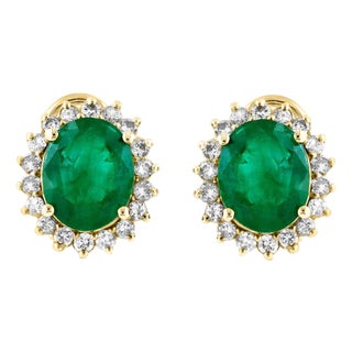 7 Ct Oval Shape Emerald & 1.5 Ct Diamond Post Back Earrings 14 Karat Yellow Gold For Sale