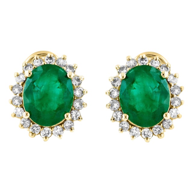 7 Ct Oval Shape Emerald & 1.5 Ct Diamond Post Back Earrings 14 Karat Yellow Gold For Sale