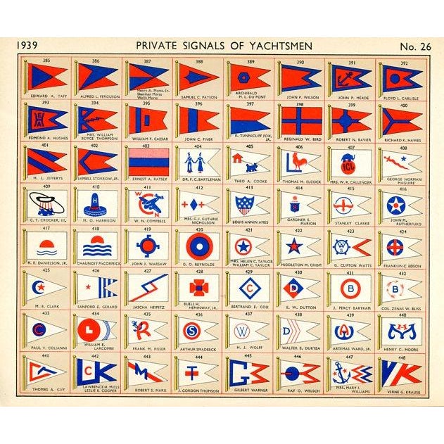 Original sailing lithograph featuring the flags of American yacht owners from a 1930s guide to yachts and their owners....
