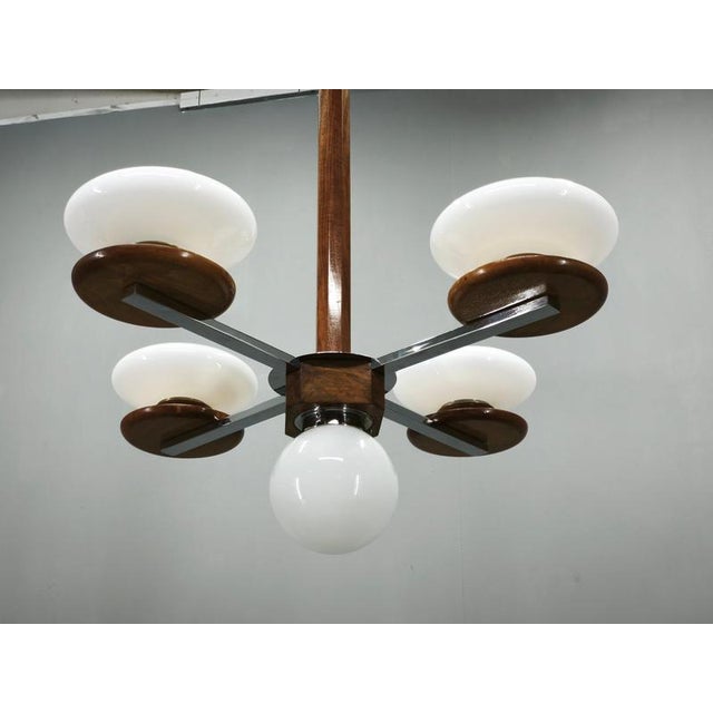 Czech Art Deco Chrome and Opaline Glass Chandelier in Walnut, 1930s For Sale - Image 4 of 17